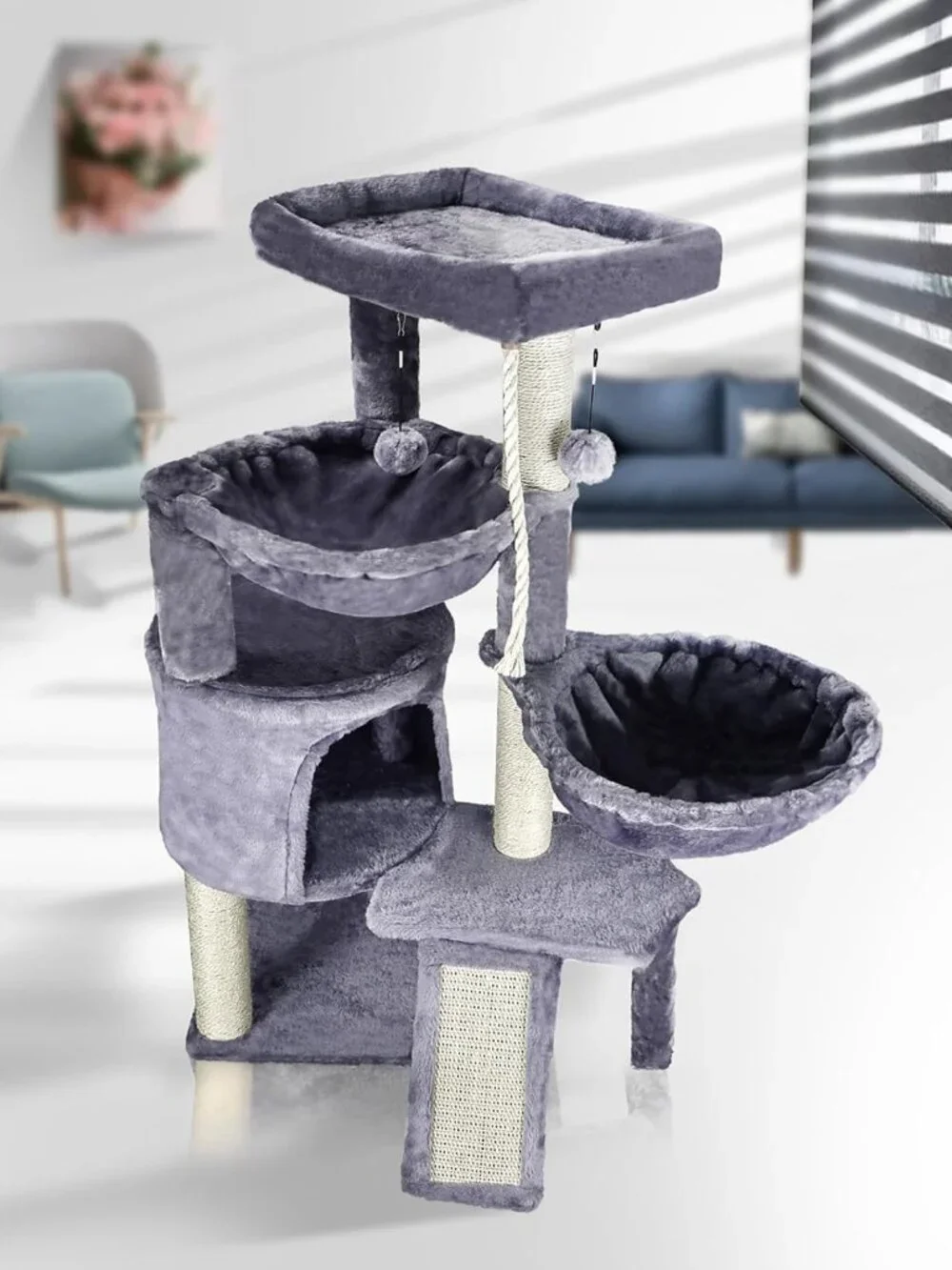 Cozy Three-Tier Cat Tree with Condo & Two Hammocks - Stylish Grey Cat Furniture